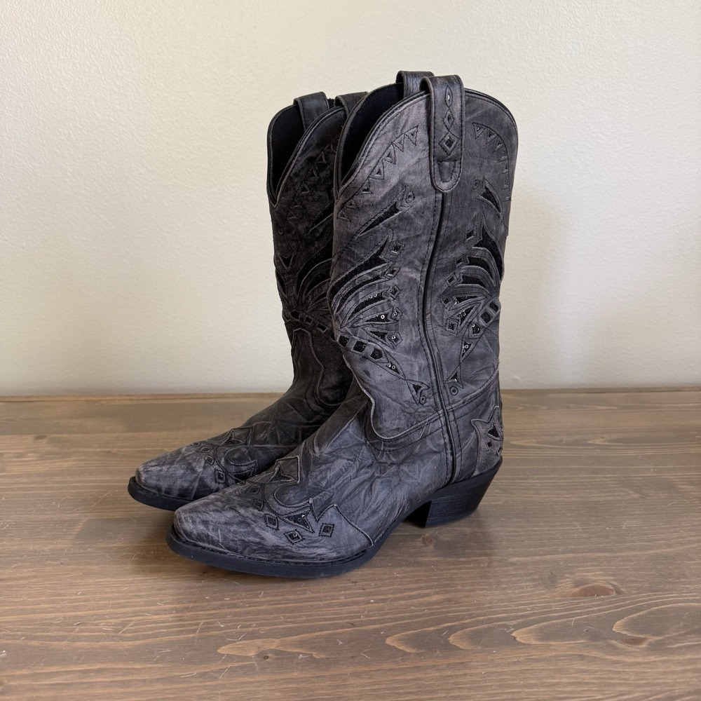 Laredo Women's 8M Dark Grey Leather Stevie Western Boots Sequins Cowgirl